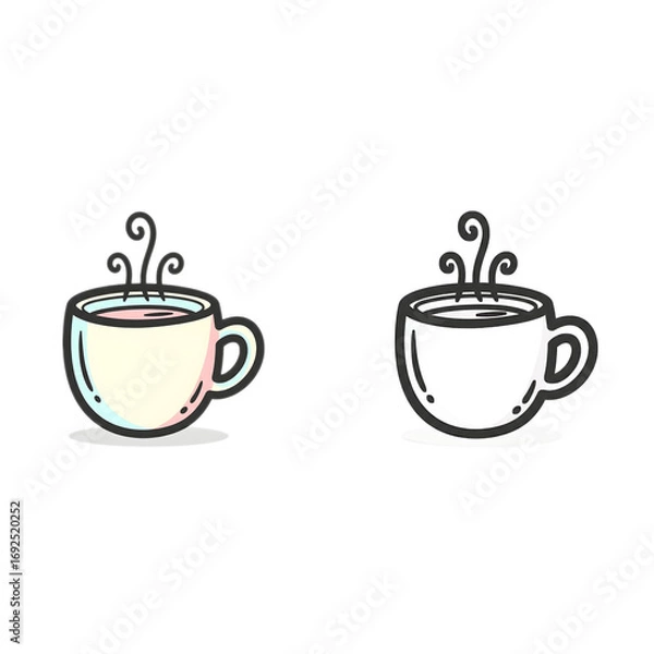 Fototapeta A charming icon set of a steaming hot beverage cup, presented in both a vibrant color doodle and a classic black and white line art style