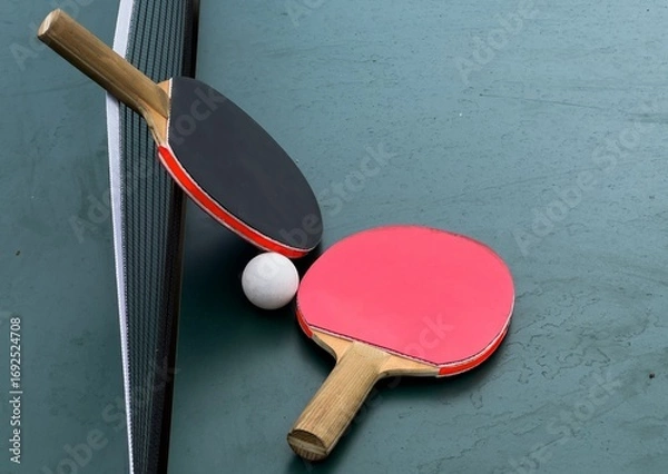 Fototapeta Two ping pong rackets and ball on table