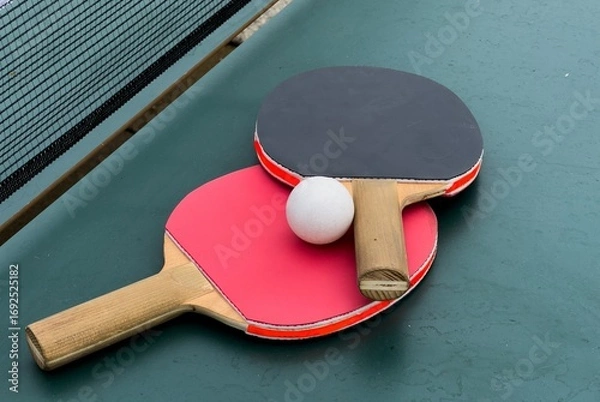 Fototapeta Table tennis or ping pong rackets and ball on the table. 