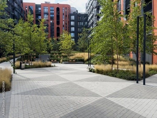 Fototapeta  Background of Modern Urban Courtyard with Abstract Sculpture Surrounded by Lush Greenery and Contemporary Architecture. Blurry Background For Design Projects.
