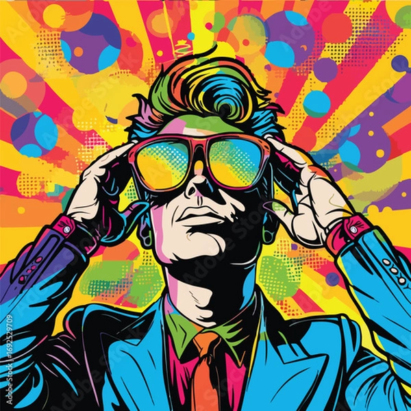 Fototapeta Bold pop art portrait of a stylish man in sunglasses with vibrant abstract background, symbolizing confidence, fashion, and retro culture.