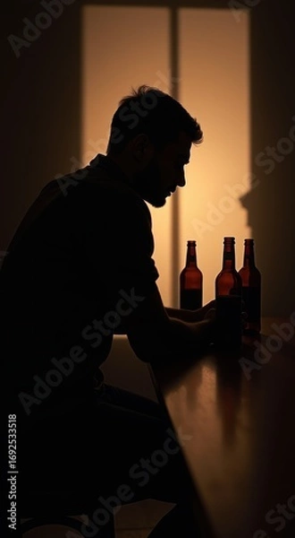 Fototapeta Man sitting at a table with bottles of beer  alcohol addiction