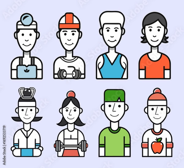 Obraz Minimalist color vector icons pack of 8 fitness jobs, featuring trainer, yoga instructor, nutritionist, and coach, simple 1–2 line contour style