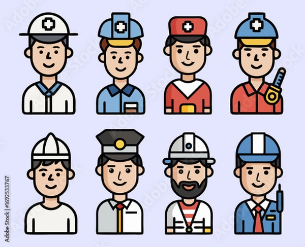 Obraz Collection of 8 modern minimal vector icons of government-related professions, firefighter, policeman, paramedic, and social worker, clean line art illustration
