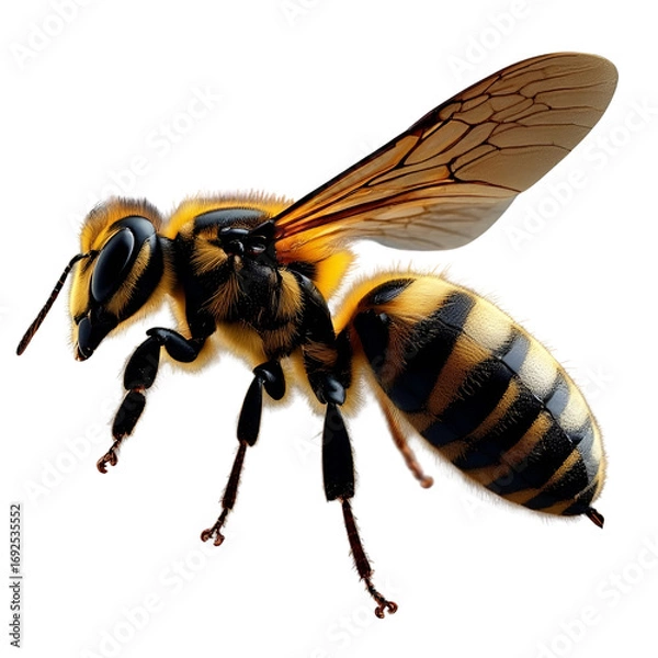 Fototapeta A closeup of a yellow and black honeybee with transparent wings is captured on a white background