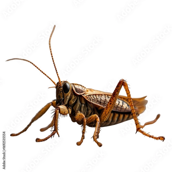 Fototapeta Closeup macro of a single green grasshopper, a type of locust insect, with long antennae and legs, isolated on a clean white background