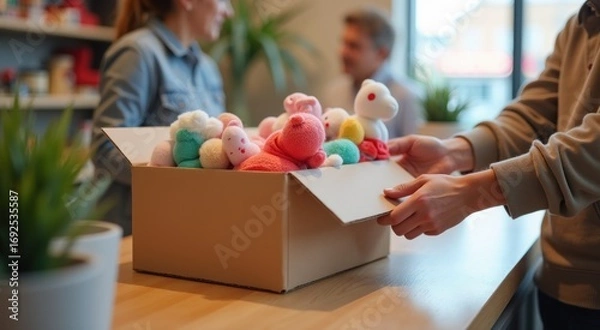 Fototapeta Someone is opening a box with a bunch of stuffed animals in it charity shop