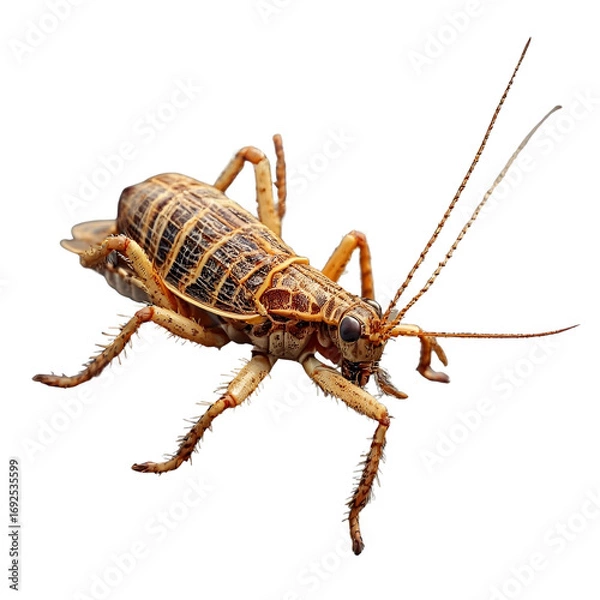 Fototapeta Isolated macro close-up of a brown insect, a pest cockroach, on a pure white background