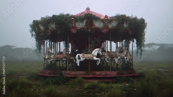 Fototapeta A dilapidated and abandoned carousel stands alone in a misty, rural setting, its ornate horses and structures overgrown with vegetation, creating an eerie and atmospheric scene.