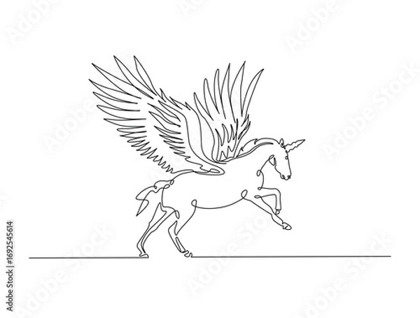 Fototapeta Continuous line art drawing of unicorn with horn. Unicorn in single line art drawing vector illustration. Editable stroke.