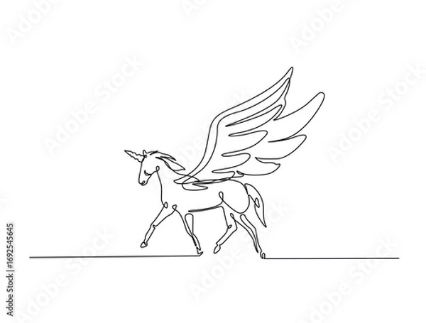 Fototapeta Continuous line art drawing of unicorn with horn. Unicorn in single line art drawing vector illustration. Editable stroke.