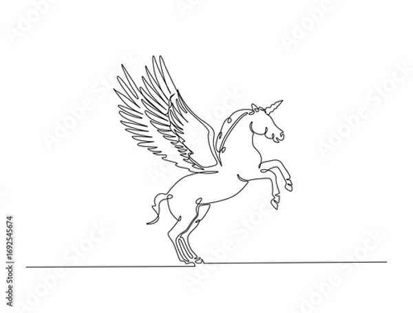 Fototapeta Continuous line art drawing of unicorn with horn. Unicorn in single line art drawing vector illustration. Editable stroke.