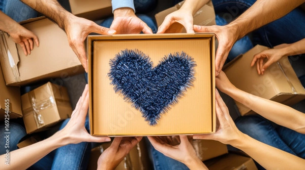 Fototapeta Community members gather to support a charity drive by packing boxes with care and love for those in need during a local event
