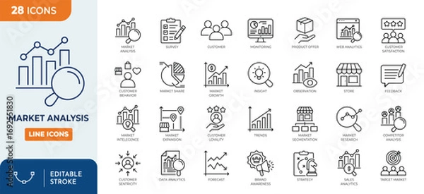 Fototapeta Market Analysis line editable icon set. Containing market, growth, sales, trends, market, research, strategy, and more. Editable stroke. Vector illustration