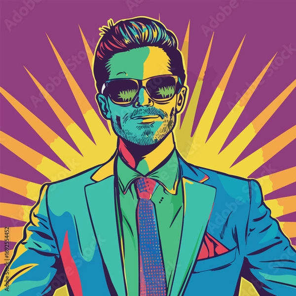 Fototapeta Colorful pop art portrait of a stylish man in suit and sunglasses with a radiant background, symbolizing confidence, fashion, and retro culture.