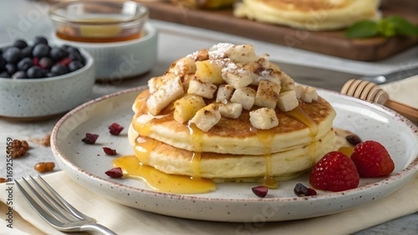 Fototapeta Irresistible Classic Chicken And Cheese Breakfast Pancake Drizzled With Sweet Honey And A Hint Of Cinnamon, Fluffy Golden Stack Perfect For Morning Comfort, Brunch, Or Snack Time