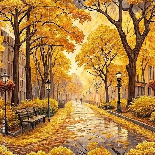 Fototapeta Vibrant autumn street scene with golden yellow maple trees lining a paved path, vintage lanterns glowing softly, wooden benches, and a couple walking in the distance. Reflective wet pavement adds 