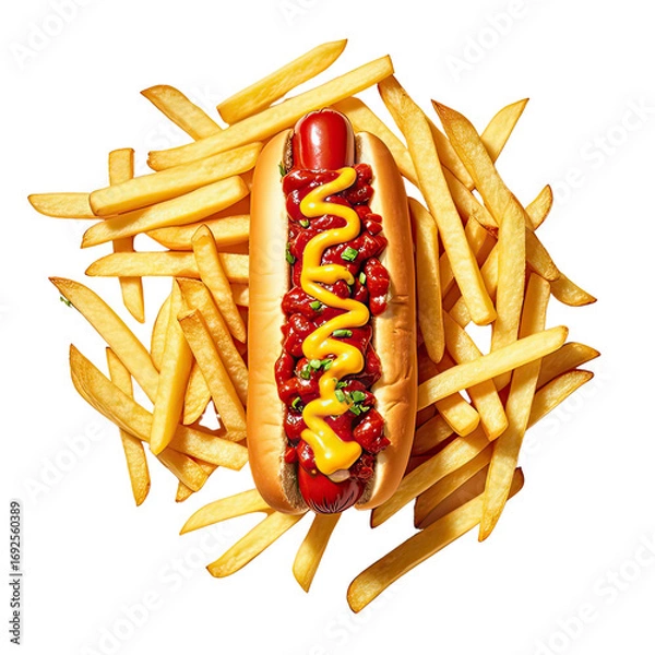 Fototapeta Delicious Hot Dog with Chili Sauce  Melted Cheese  and Golden Fries, Generative AI