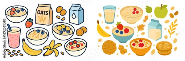 Fototapeta Collection of oatmeal breakfast elements including porridge bowls with fresh berries, fruits, nuts, oat milk, and cookies