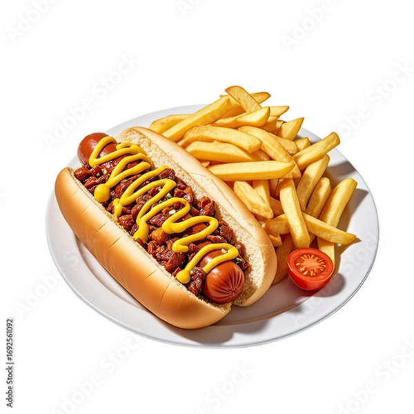 Fototapeta Delicious Hot Dog with Chili Sauce  Melted Cheese  and Golden Fries, Generative AI