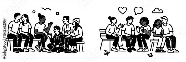 Fototapeta Black and white line art of diverse groups of young people sitting on benches, talking, reading, and interacting in a community setting