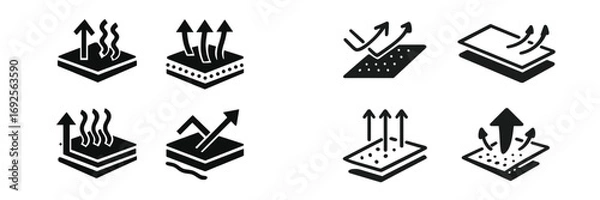 Fototapeta Breathable fabric property icons set showing waterproof, moisture wicking, quick dry, and thermal regulation technology symbols