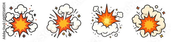 Fototapeta Set of four cartoon comic book explosions with smoke clouds and bang effects isolated on a white background