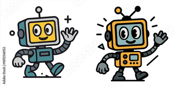 Fototapeta Set of two friendly cartoon robot characters walking and waving, cute futuristic android mascots with retro design isolated on a white background