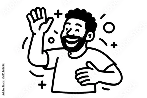 Fototapeta Happy bearded man with curly hair waving hello in a friendly greeting, simple black and white cartoon character icon
