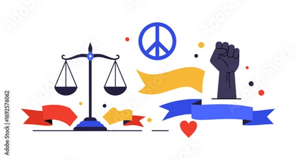 Fototapeta Equality and justice symbols: peace, unity, and balance in modern flat design
