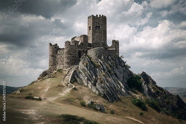 Obraz Explore the stunning medieval castle ruins atop a dramatic rocky hill under a moody sky, perfect for historical travel and fantasy concept art