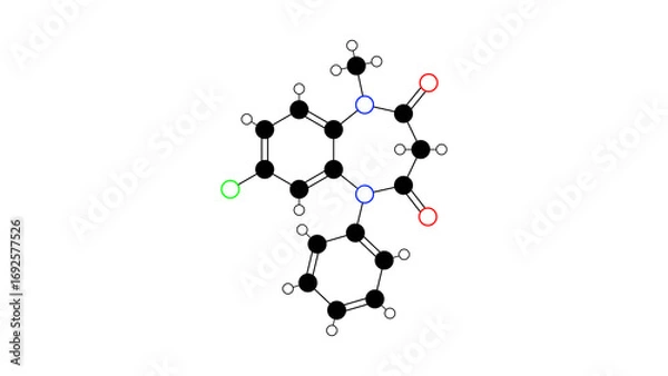 Fototapeta clobazam molecule, structural chemical formula, ball-and-stick model, isolated image antiepileptic