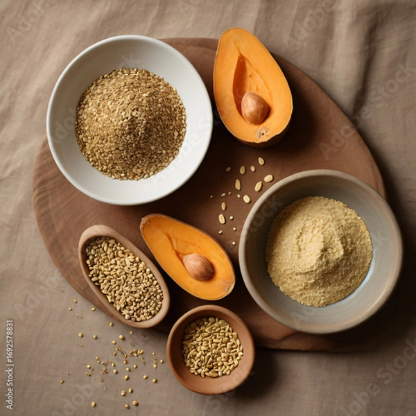 Fototapeta Rustic arrangement of hemp flour in a small ceramic bowl, scattered hemp seeds on a wooden table, and a glass bottle of golden hemp oil with cork