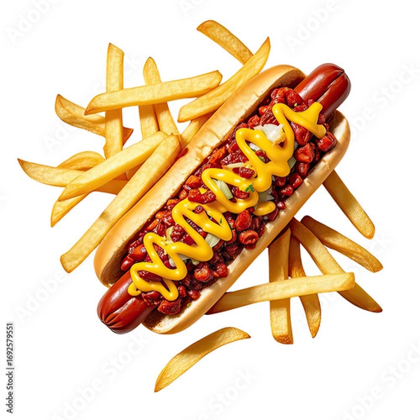 Fototapeta Delicious Hot Dog with Chili Sauce  Melted Cheese  and Golden Fries, Generative AI