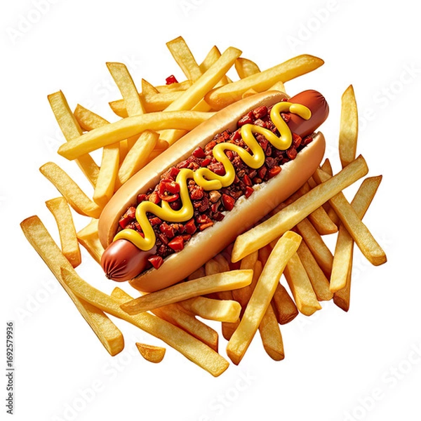 Fototapeta Delicious Hot Dog with Chili Sauce  Melted Cheese  and Golden Fries, Generative AI