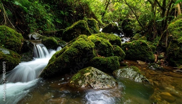Fototapeta Lush stream cascading over mossy rocks in a dense forest