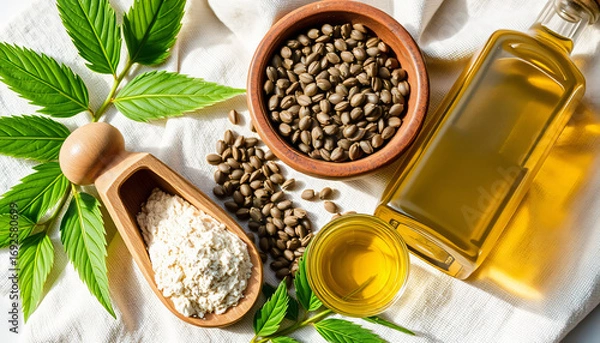 Fototapeta Lifestyle arrangement of hemp flour in a small wooden scoop, hemp seeds in a rustic ceramic bowl, and hemp oil in a glass bottle placed on a linen cloth
