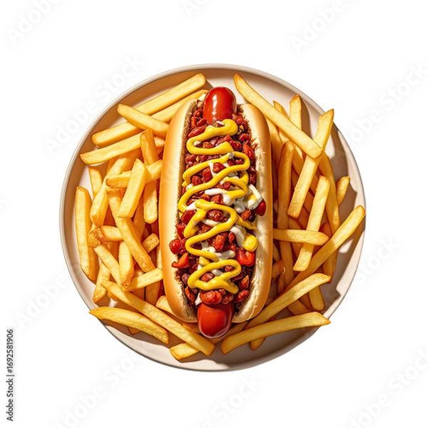 Fototapeta Delicious Hot Dog with Chili Sauce  Melted Cheese  and Golden Fries, Generative AI