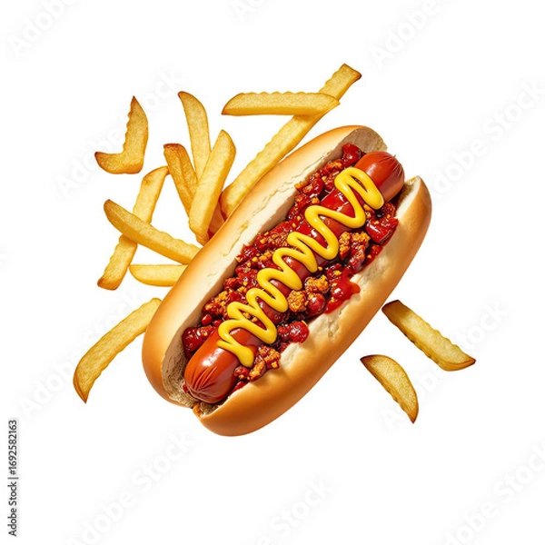 Fototapeta Delicious Hot Dog with Chili Sauce  Melted Cheese  and Golden Fries, Generative AI