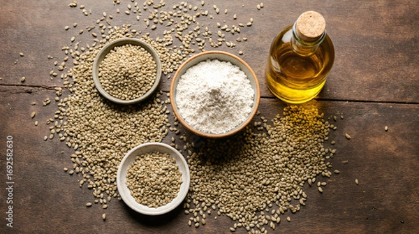 Fototapeta Hemp Flour and Seeds with Oil on Rustic Wooden Table
