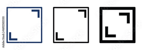 Fototapeta Three minimalist square corner icons in blue, black, and outlined black, perfect for design, UI, or graphic elements symbolizing borders, frames, or selection areas.