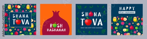 Fototapeta Shana Tova, Sweet and Happy Rosh Hashanah greeting card set with apple, honey and pomegranate. Shana Tova templates for posters or banners with honey, leaf and flowers. Jewish holiday vector card