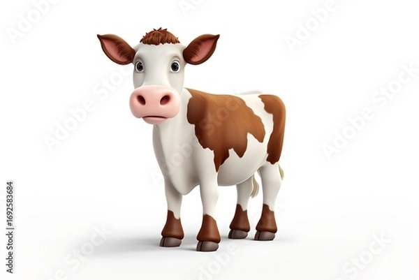 Fototapeta Cute cartoon cow standing on a white background, with a surprised expression, ideal for children's media