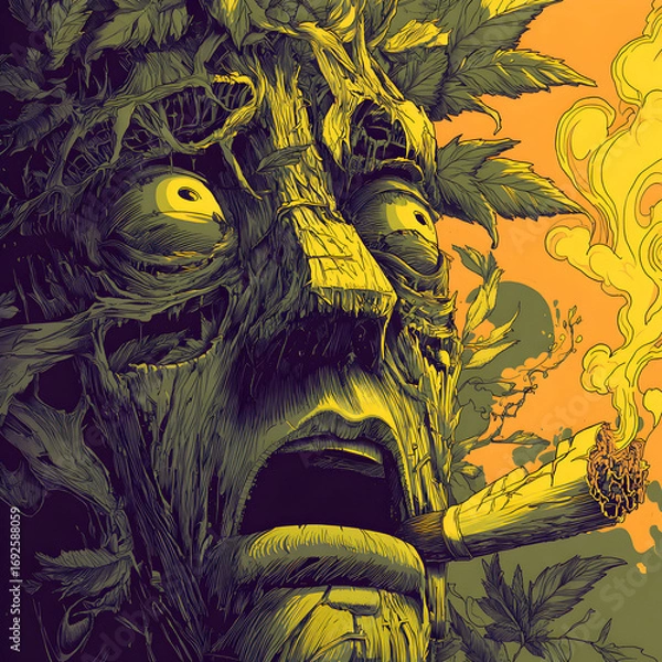 Fototapeta Surreal wooden tree face smoking a marijuana weed joint in psychedelic cannabis forest