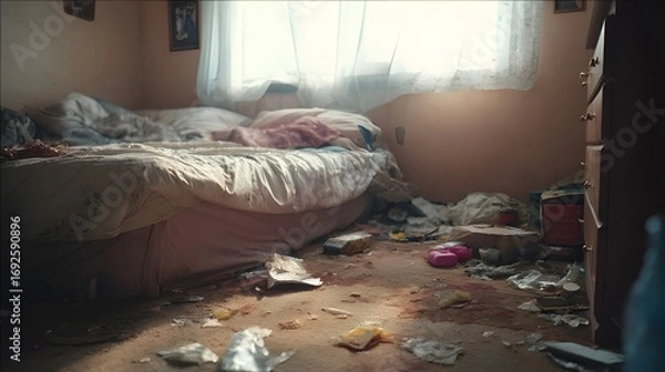 Fototapeta Messy dirty bedroom with cluttered floor, trash and dust – poor hygiene environment