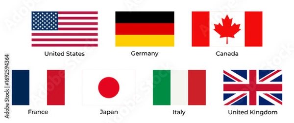 Obraz G7 Countries flags, isolated on a transparent background. High-quality vector illustration of the national flags of G7 countries: USA, Germany, Canada, France, Japan, Italy, and the United Kingdom