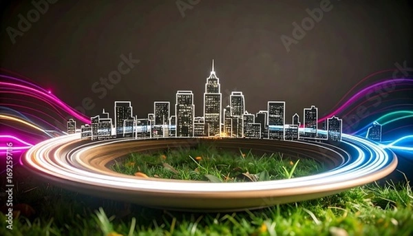 Fototapeta City silhouette framed by vibrant light trails on a circular platform, nestled in grass