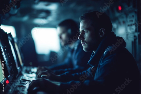 Obraz Soldier focused on navigation screens inside navy ship
