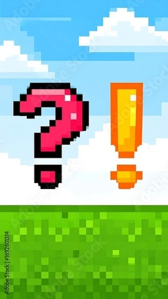 Obraz Pixelated question mark and exclamation point on a grassy field