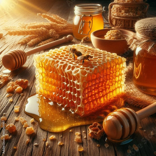 Fototapeta A natural honeycomb freshly extracted from a beehive, glistening with raw honey under bright sunlight. Beeswax textures and golden hues, placed on a rustic wooden table, hyper-realistic detail